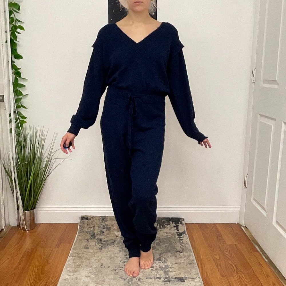 Central Park West Drop Shoulder Belted Sweatshirt Jumpsuit Size L Blue